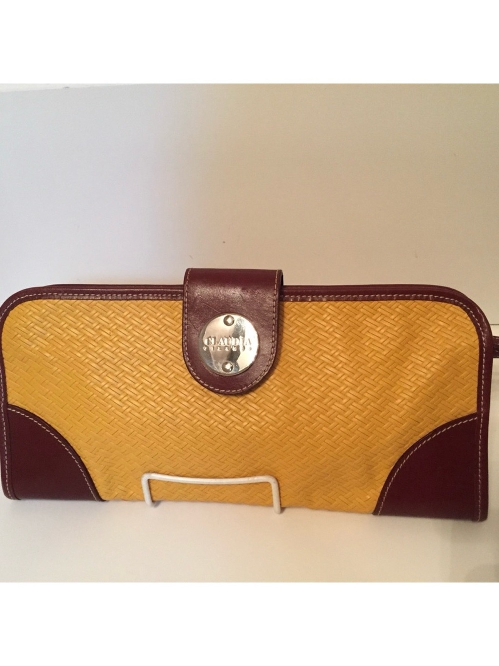 CLAUDIA FIRENZE WRISTLET CLUTCH YELLOW BROWN LEATHER TOP ZIP SNAP